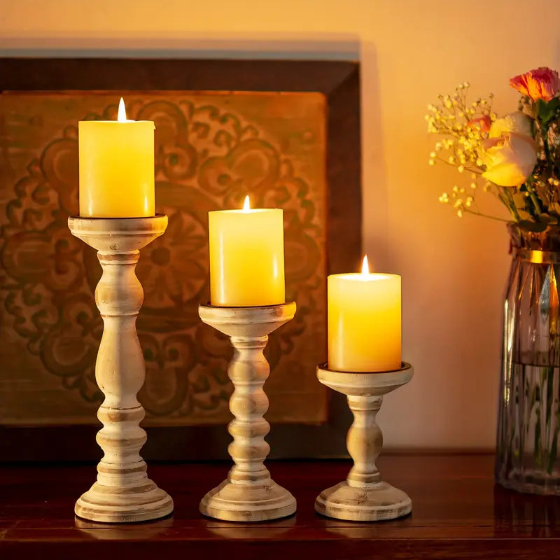 3-Piece Rustic Wooden Candle Holder Set