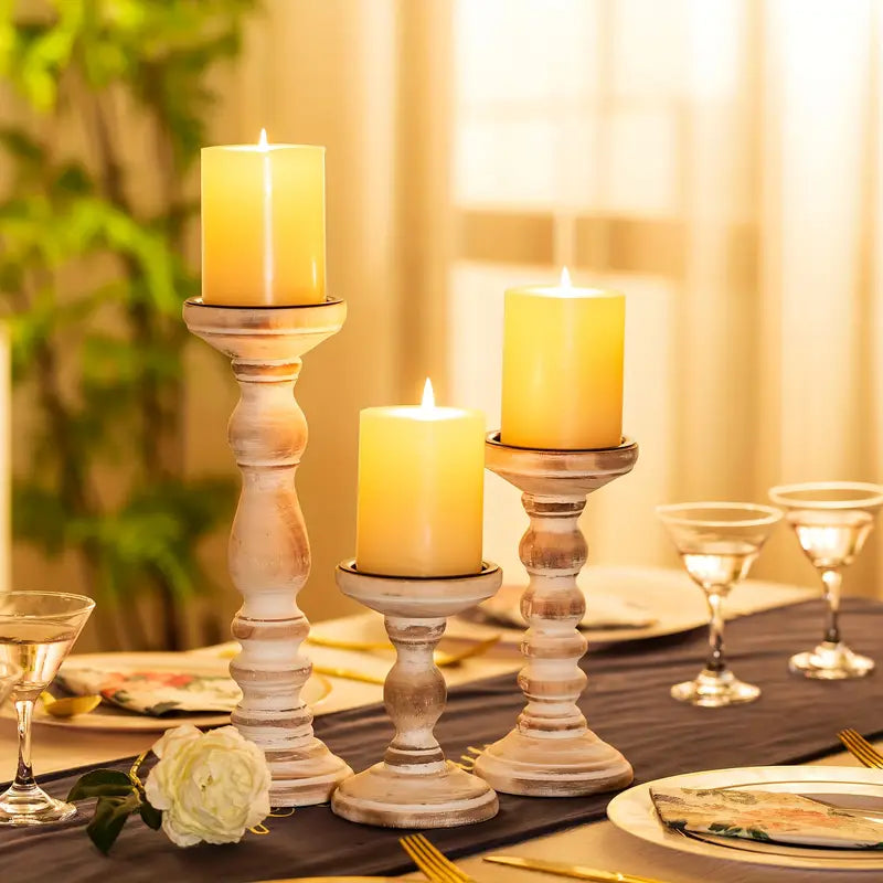 3-Piece Rustic Wooden Candle Holder Set