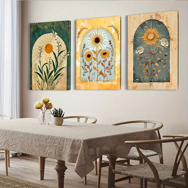 3pcs Sunflower and Sunrise Art Deco Canvas Wall