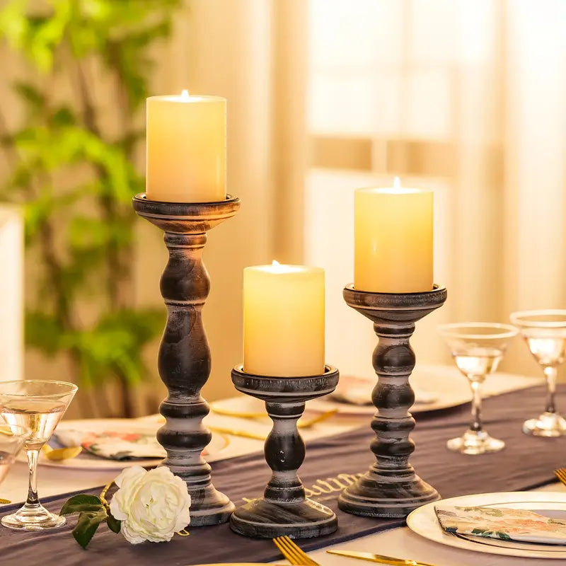 3-Piece Rustic Wooden Candle Holder Set